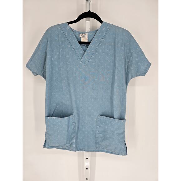PL Uniform Women's Blue V-neck Heart Print Short Sleeve Scrub Top Size M - Picture 1 of 4